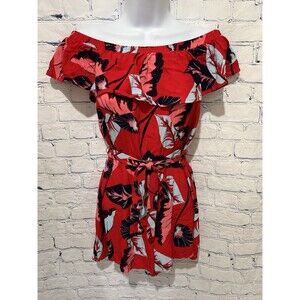 Express women's red tropical print off-the-shoulder Belted Shorts romper Small